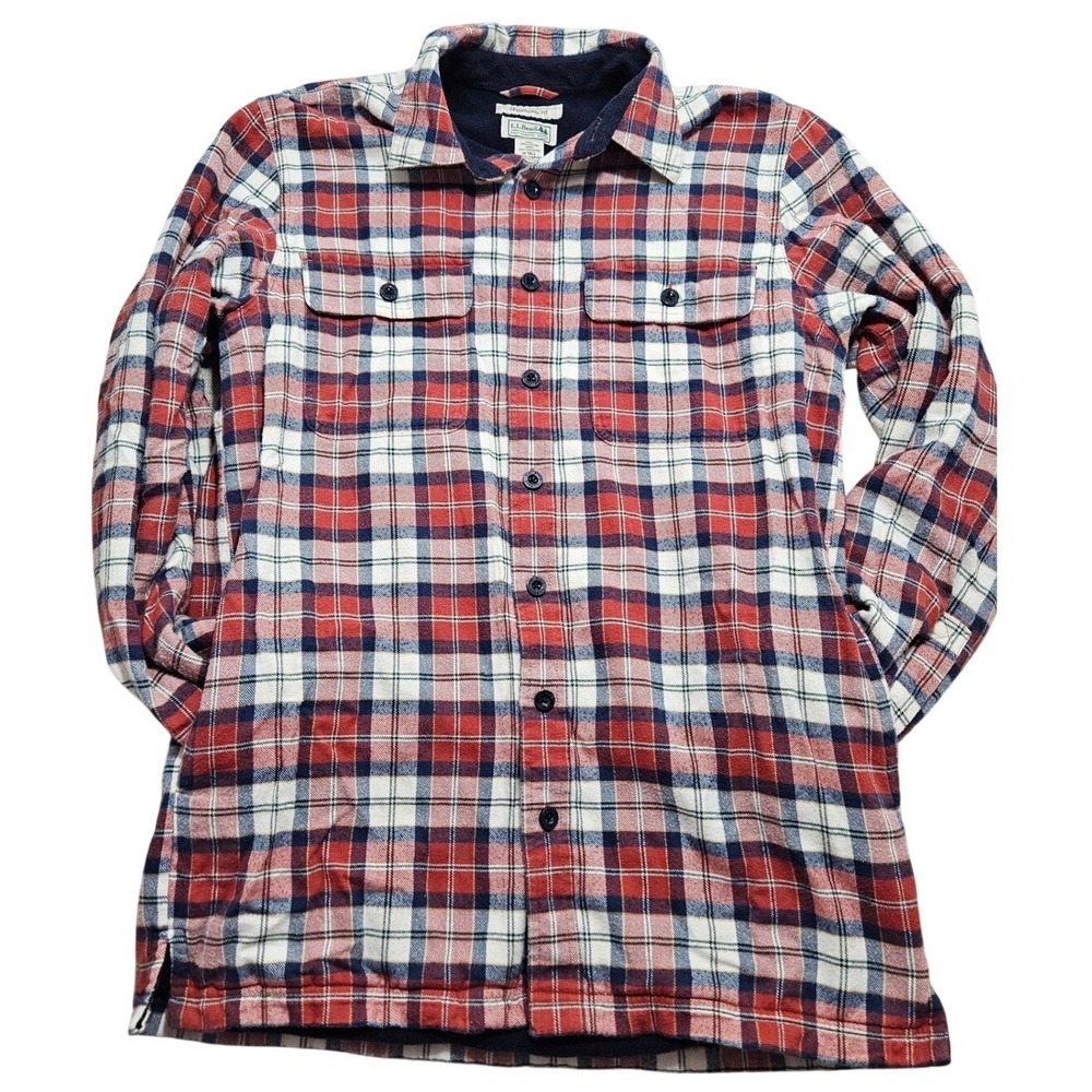LL Bean Fleece Lined Flannel Shirt Jacket Mens M Tall Red Plaid 298190 Shacket